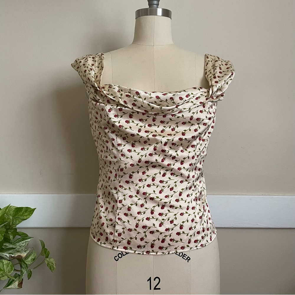Reformation Cream Floral Cowl Neck Tank with Red Rose Print